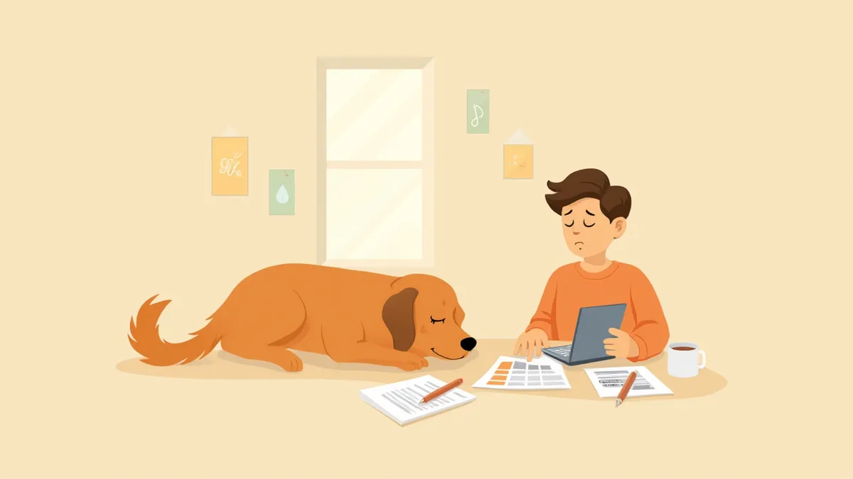 반려동물 의료비를 계산하는 보호자와 옆에 누워 있는 강아지