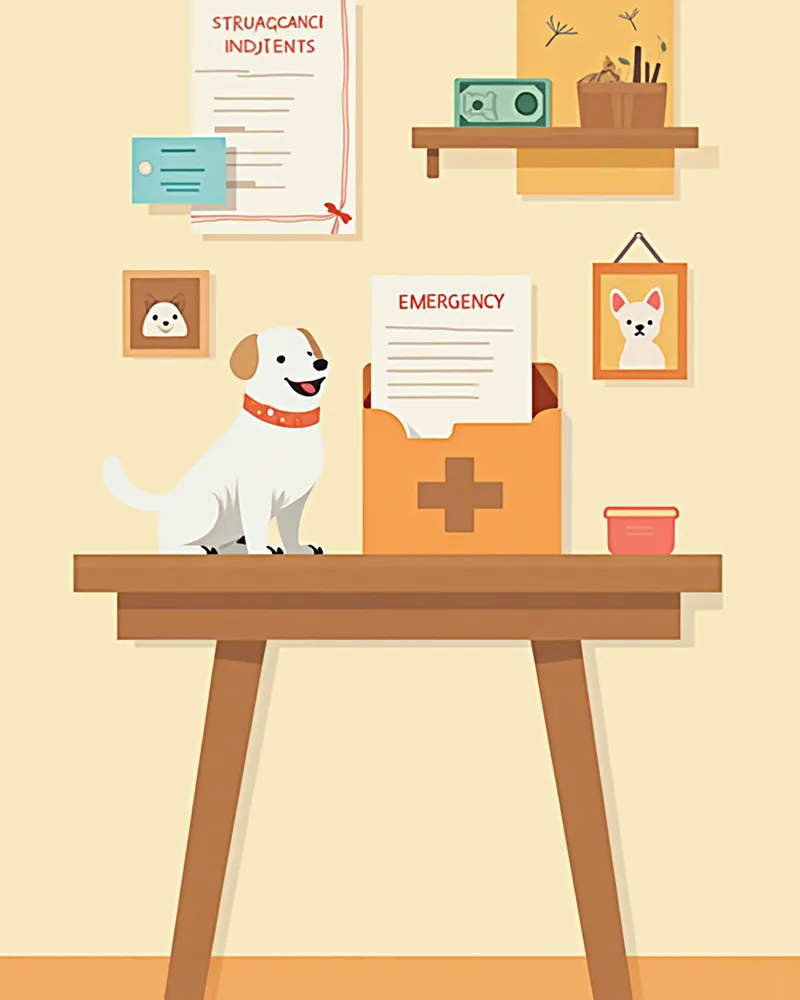 보험 서류·비상금 봉투·카드가 정리된 반려동물 응급 준비 키트