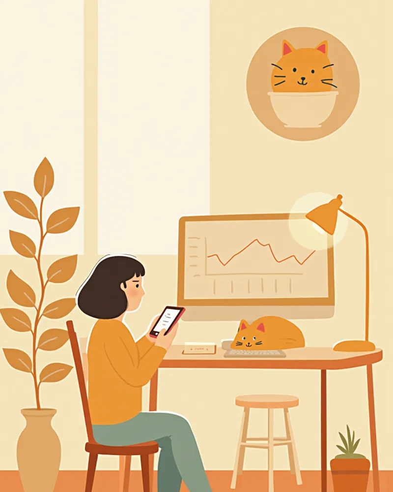 자동이체를 설정하는 보호자와 노트북 위에서 쉬는 고양이