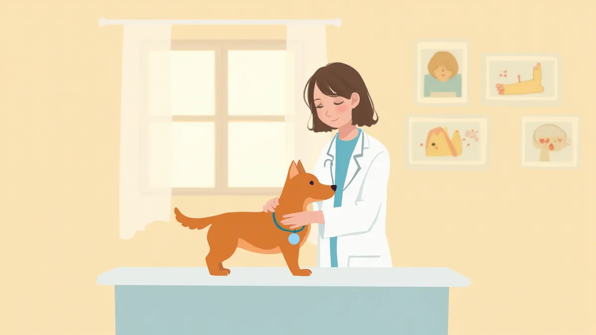 청진으로 심장 소리를 듣는 수의사와 강아지