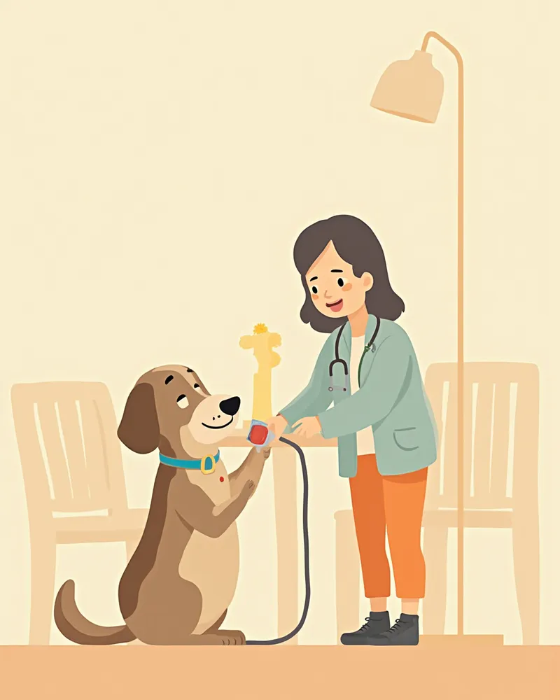집에서 노령 반려견을 진찰하는 수의사와 보호자