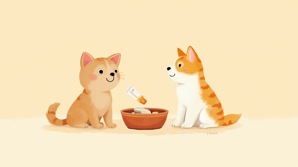 식욕 보조 영양제와 함께 있는 강아지와 고양이 일러스트