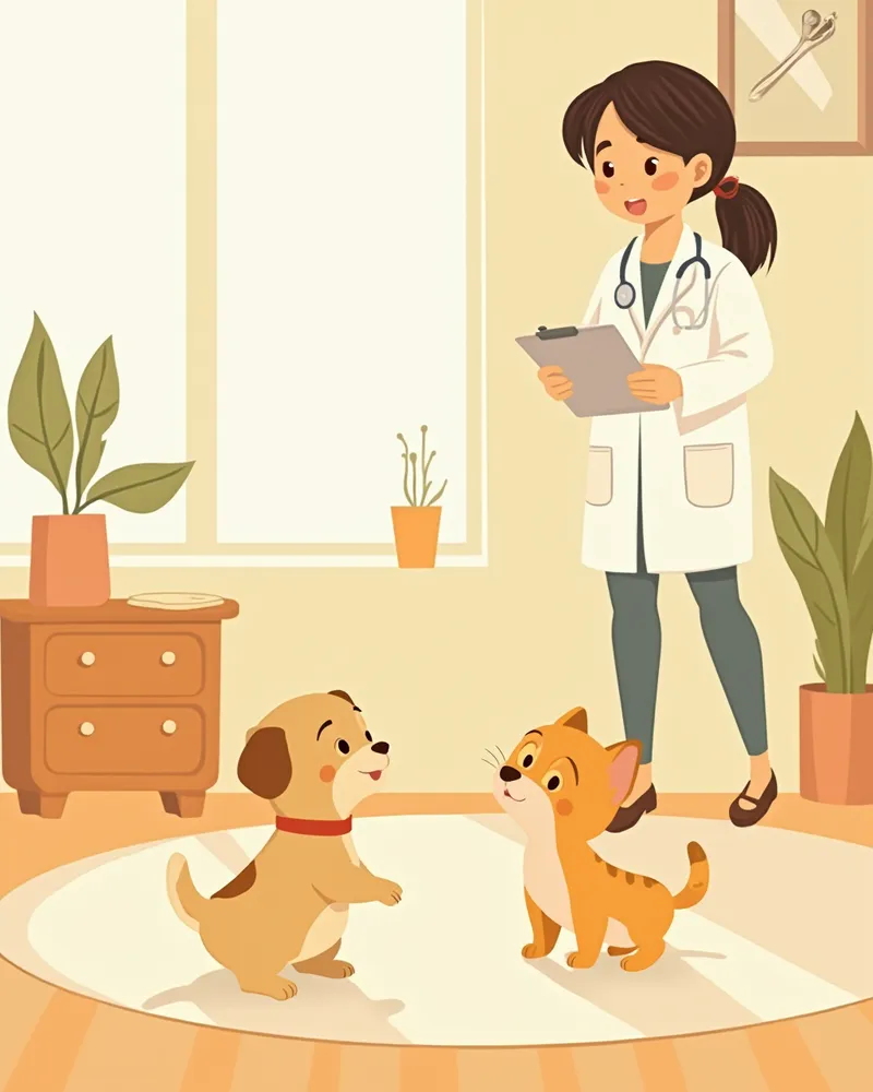 어린 강아지와 고양이를 수의사가 관찰하는 모습