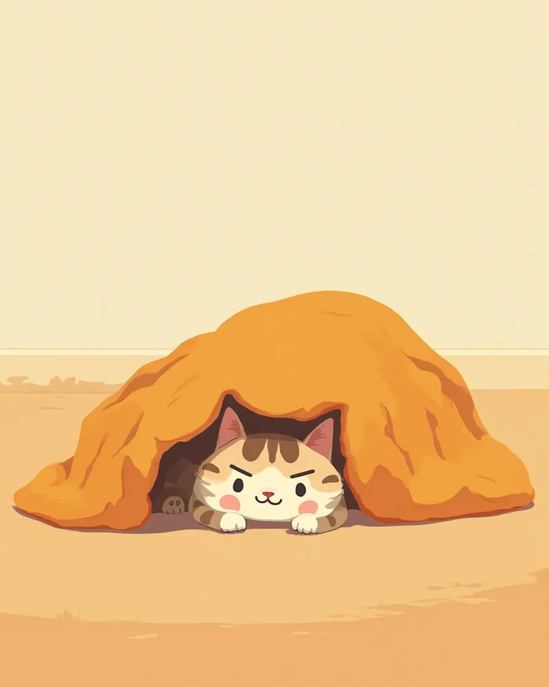 소파 밑에 숨어 있는 불안한 표정의 고양이