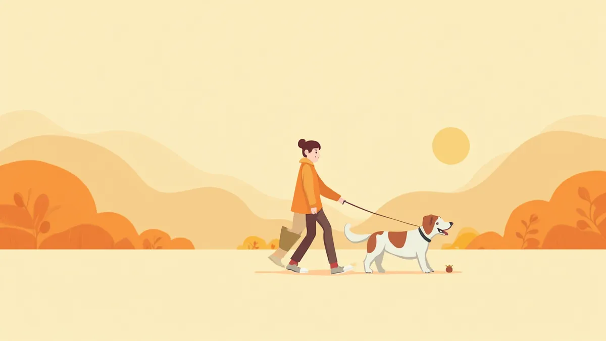 산책하는 강아지와 계량컵에 담긴 사료