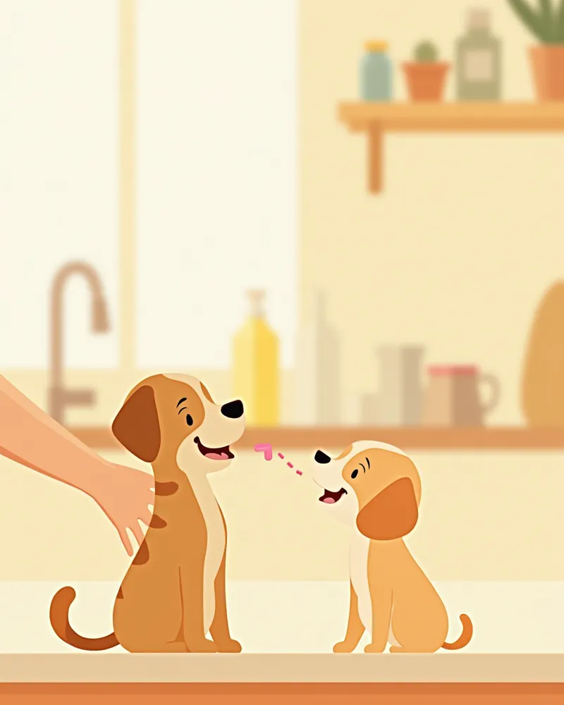 강아지에게 씹는 외부기생충약을 주는 모습