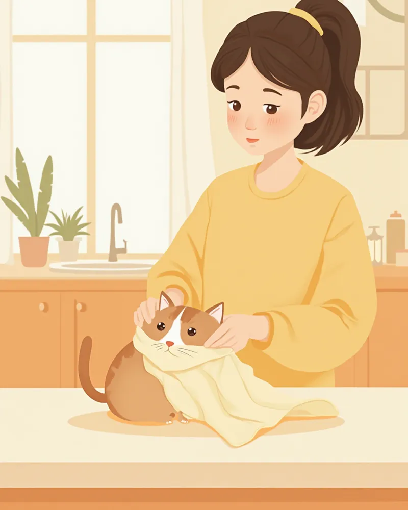 수건으로 고양이를 감싸 안약을 넣을 준비를 하는 모습