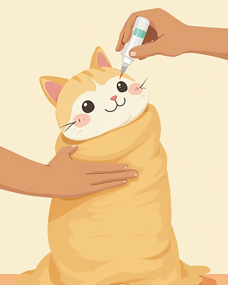 수건에 감싼 고양이에게 안약을 넣고 있는 모습