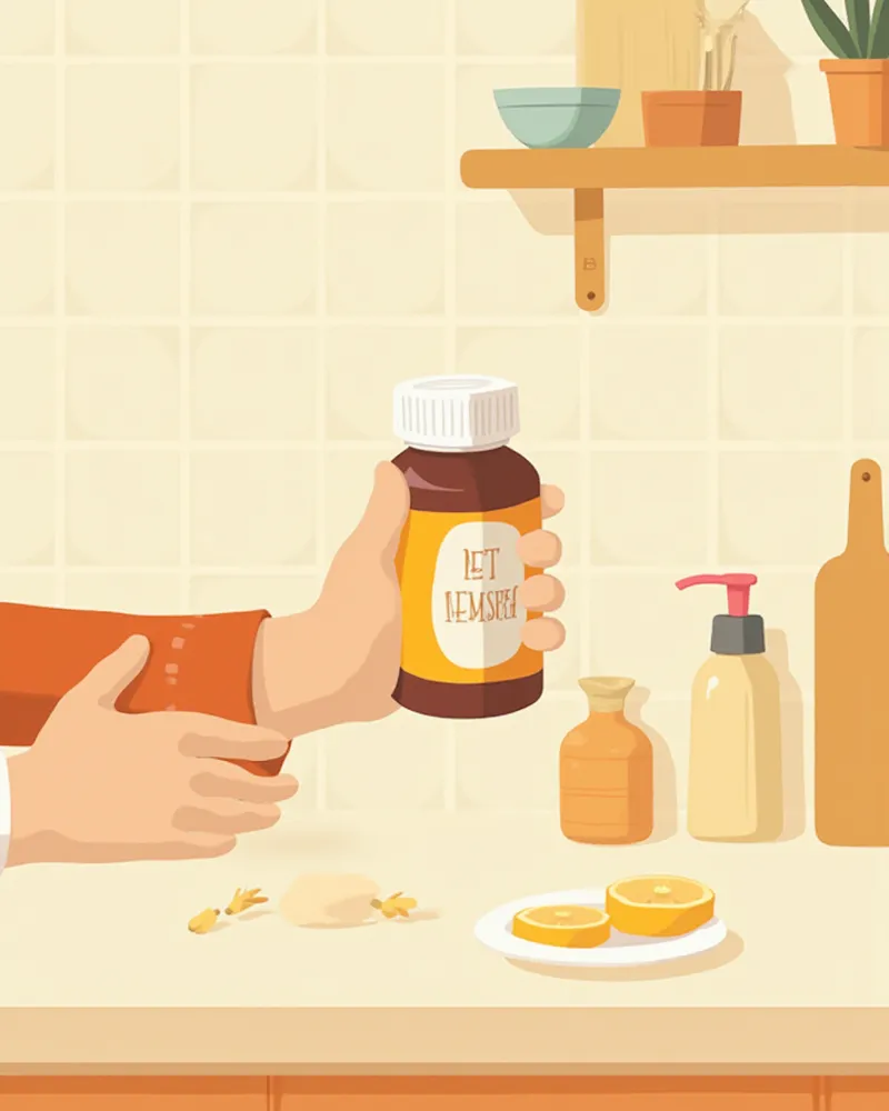 영양제 라벨을 꼼꼼히 확인하는 보호자의 손 클로즈업