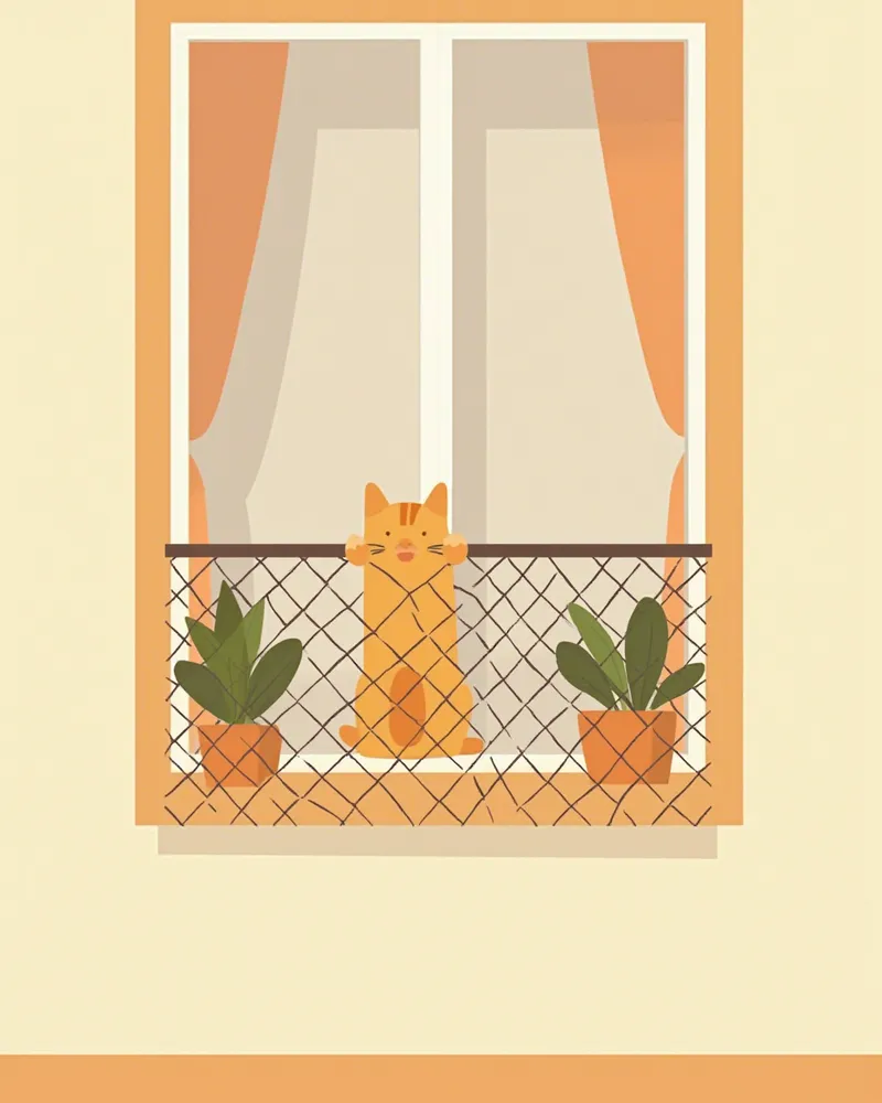 베란다 방묘망 뒤에서 밖을 보는 고양이