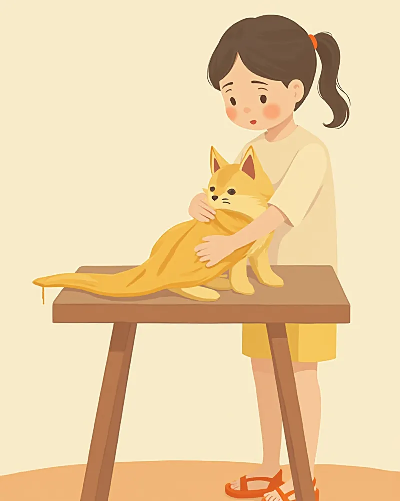 다친 고양이를 수건으로 감싸 단단한 판 위에 눕혀 이송 준비를 하는 모습