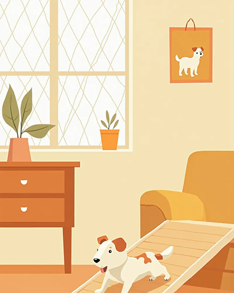 반려동물용 경사로와 방묘창이 설치된 안전한 집 환경