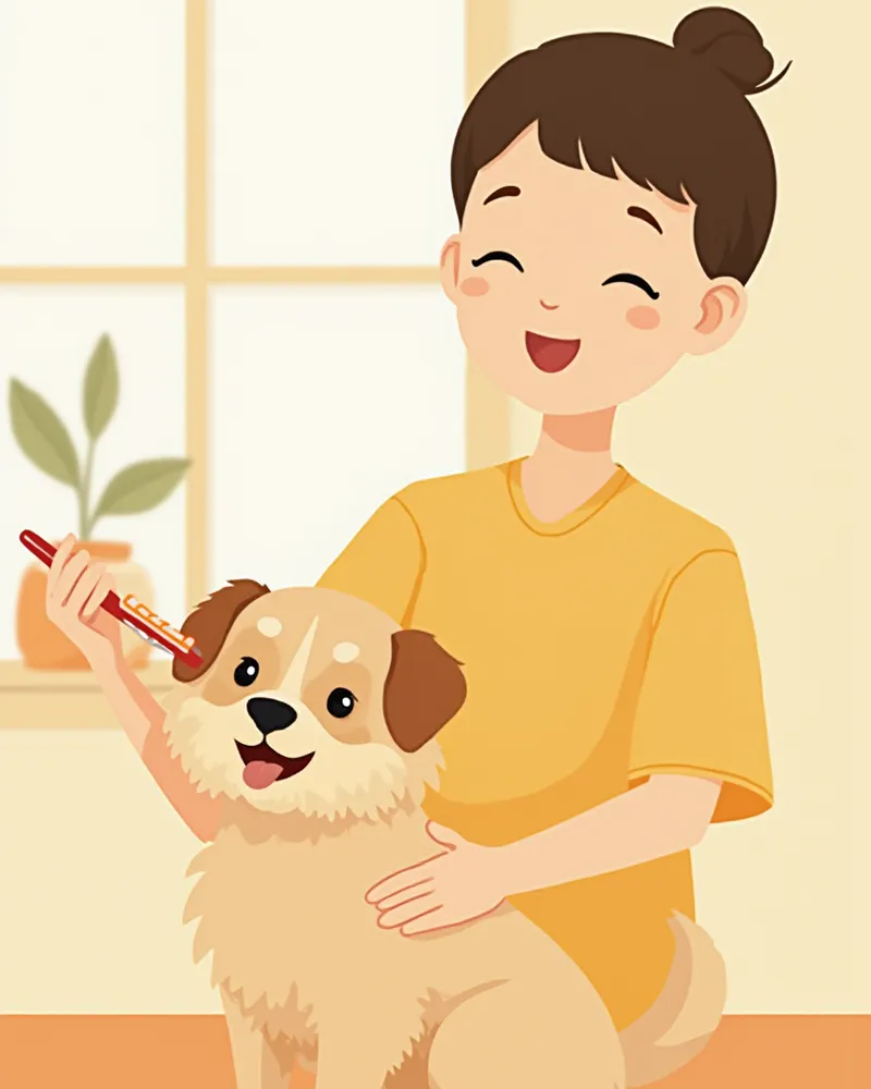 보호자가 강아지 털을 빗겨주는 모습