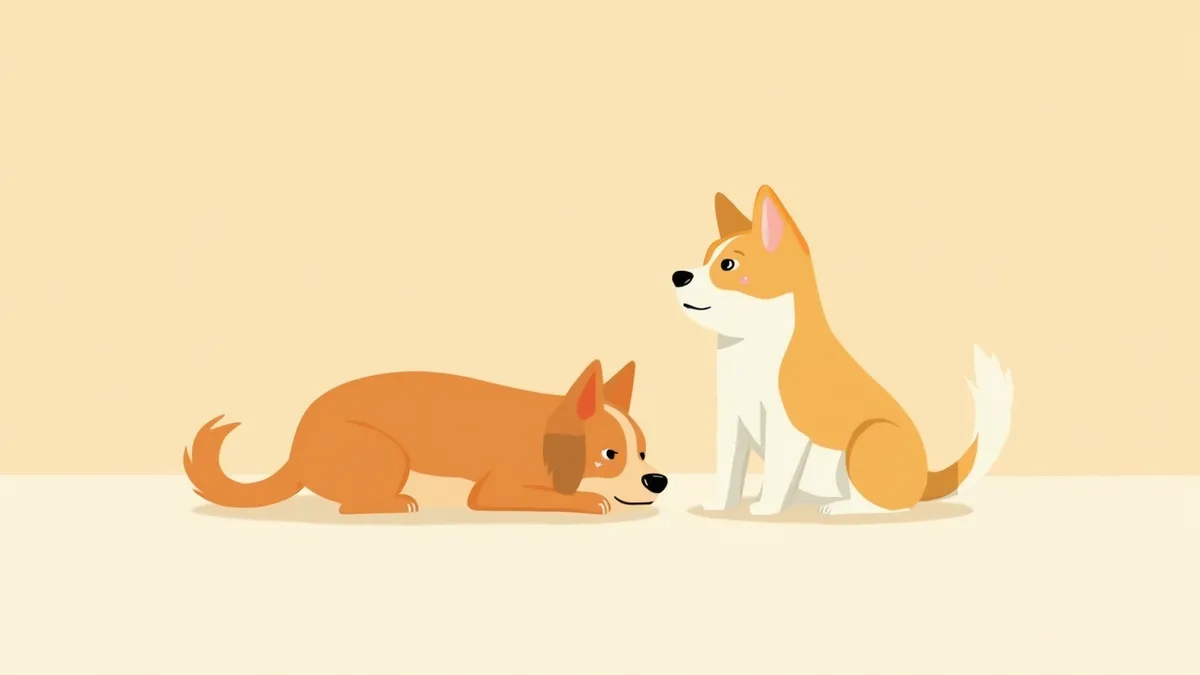 낮게 웅크린 공포 자세의 강아지와 앞으로 기운 공격 자세의 강아지 비교