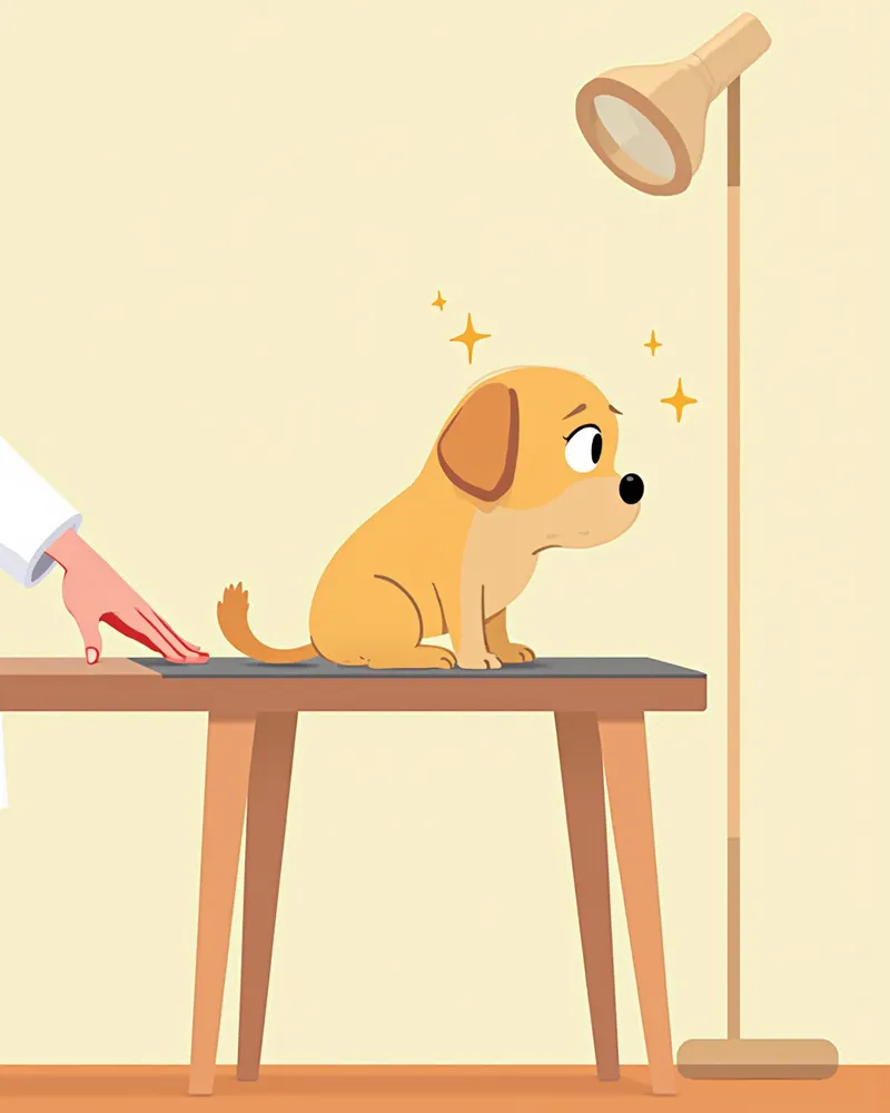 진료대 위에서 겁먹은 표정으로 웅크린 강아지