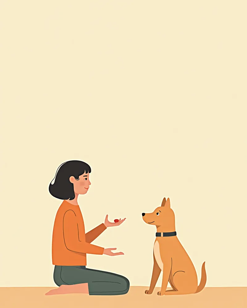 바닥에 앉아 거리를 두고 간식을 건네며 강아지를 안심시키는 보호자