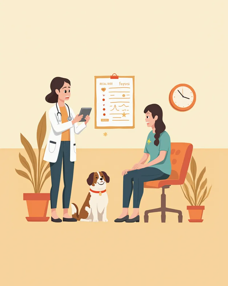 수의사가 보호자에게 변검사 결과를 설명하는 모습