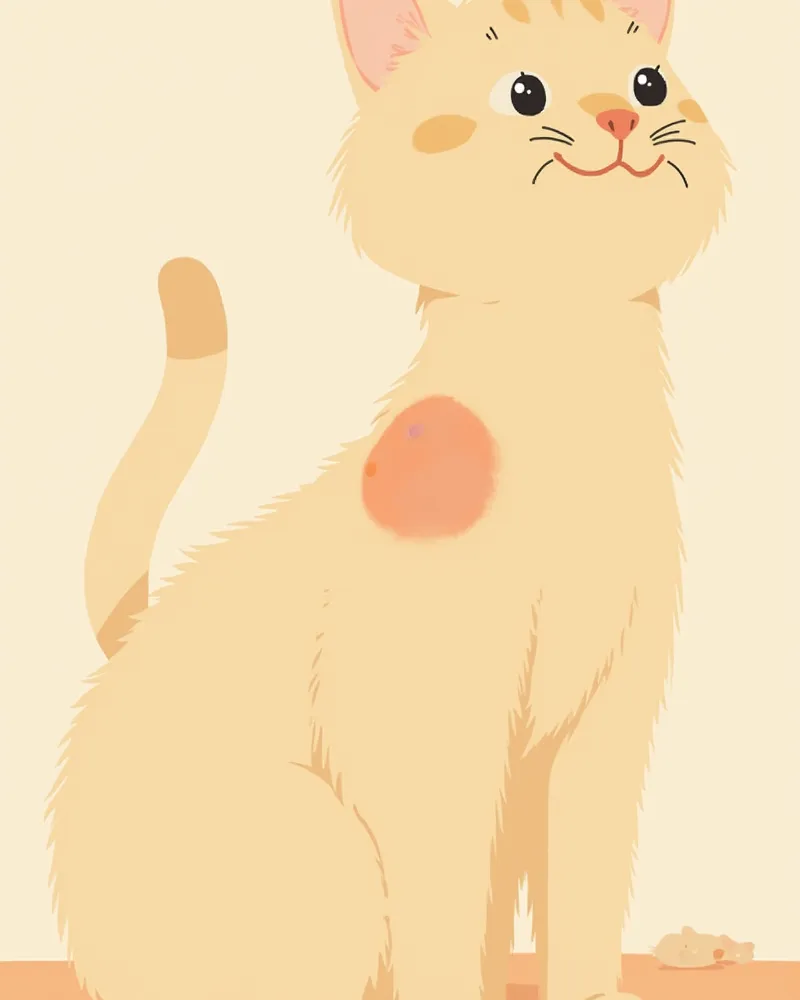 고양이 어깨뼈 사이 주사 부위의 혹을 보여주는 일러스트