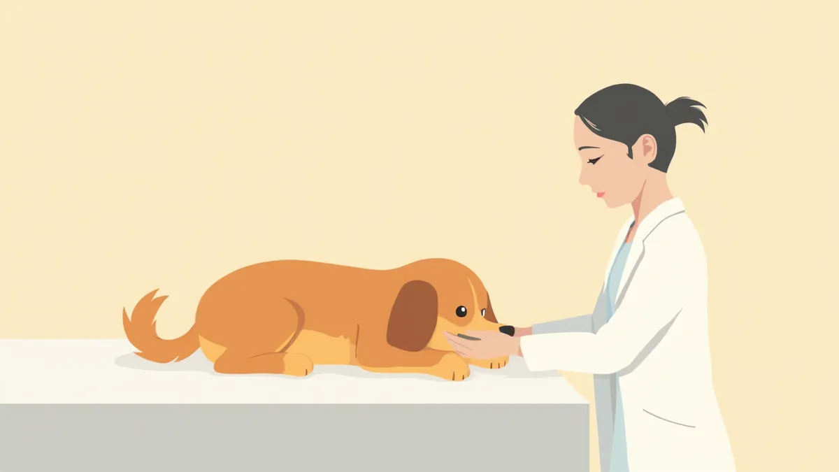 수의사가 강아지의 피부 혹을 진찰하는 모습