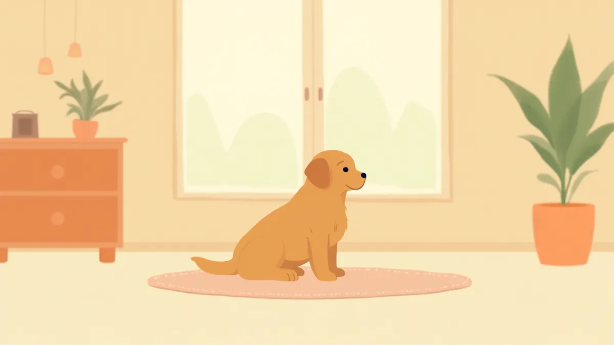 첫 발정기를 맞은 어린 암컷 강아지가 보호자 곁에 앉아 있는 모습