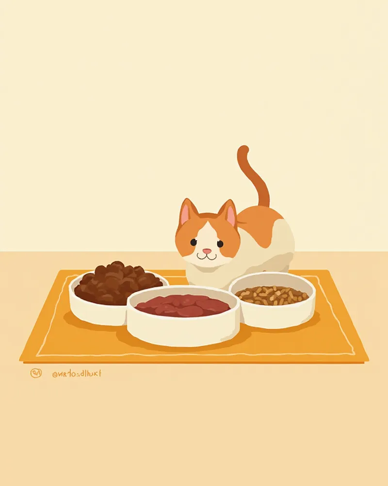 깔끔하게 준비된 고양이 습식 사료와 건사료, 급수기