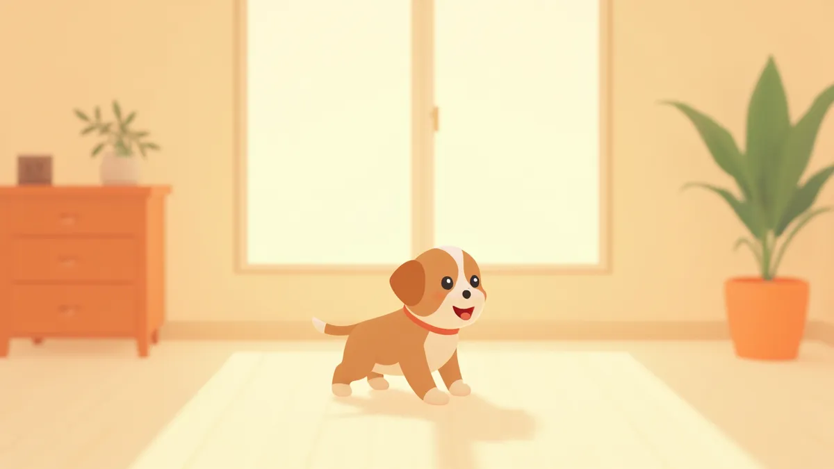 밝은 거실을 처음 탐색하는 호기심 가득한 강아지