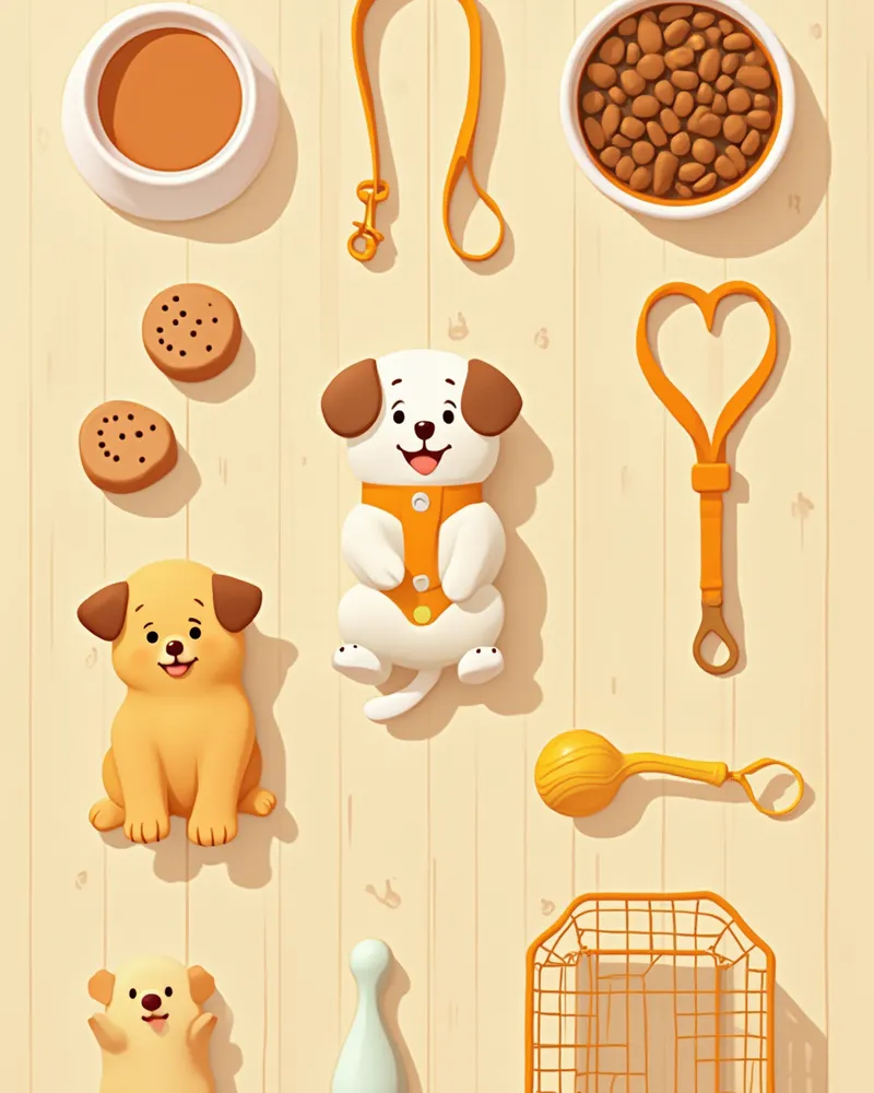 바닥에 정리된 강아지 필수 용품들