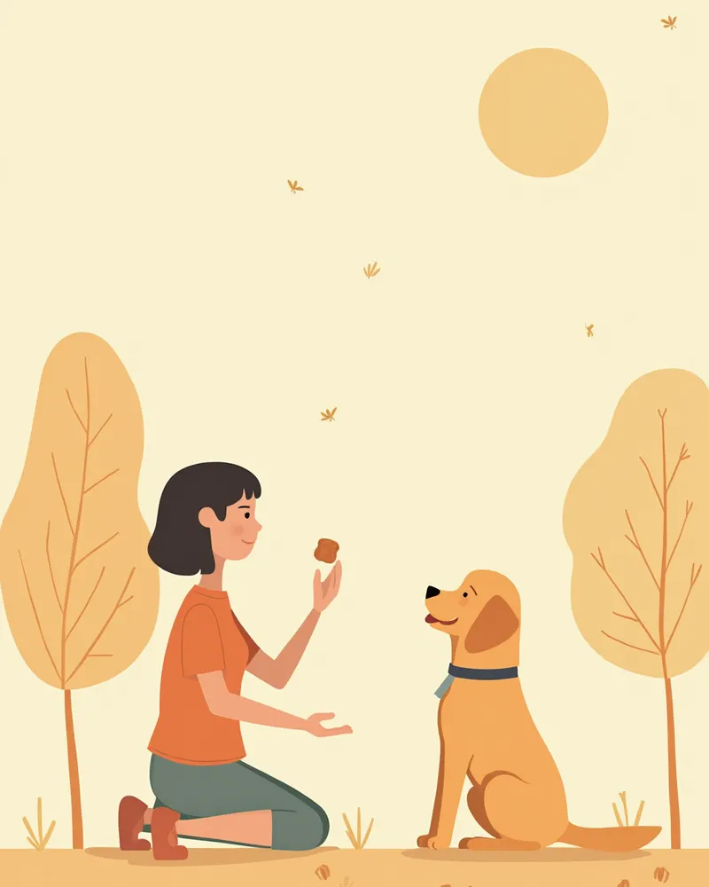 공원에서 보호자와 함께 앉아 훈련을 하고 있는 강아지