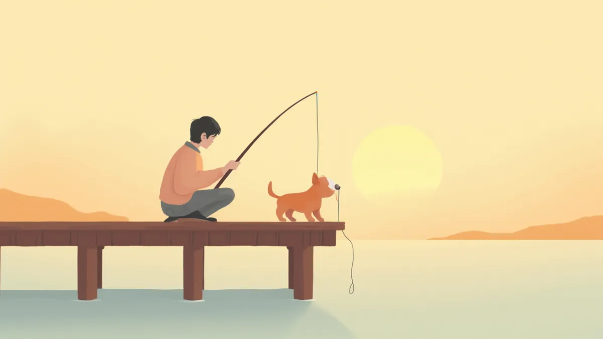 해안가에서 낚시바늘을 삼킨 강아지와 당황한 보호자