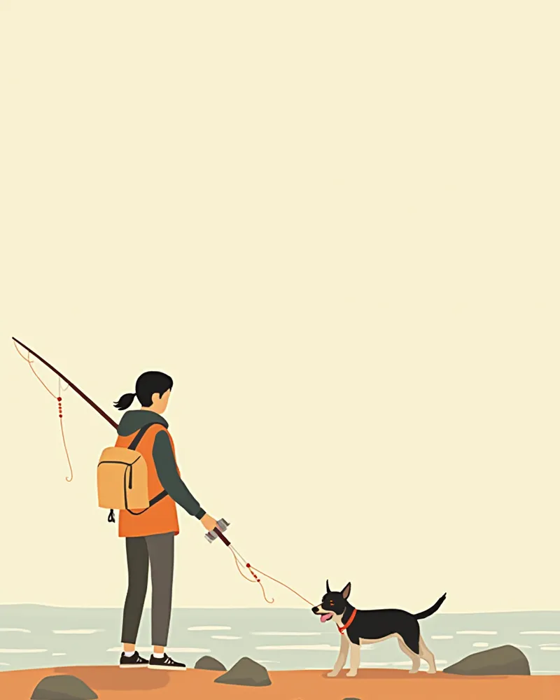 낚시 장비를 안전하게 보관하며 강아지와 산책하는 보호자