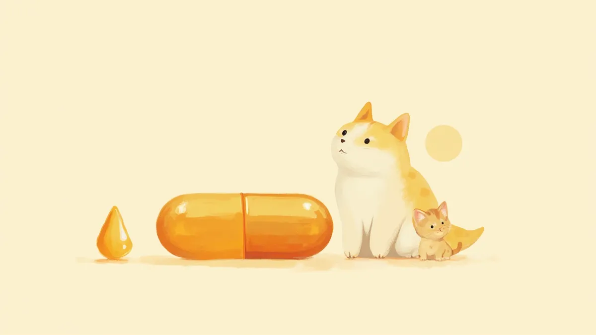 어유 캡슐 옆에 앉아 있는 강아지와 고양이 일러스트