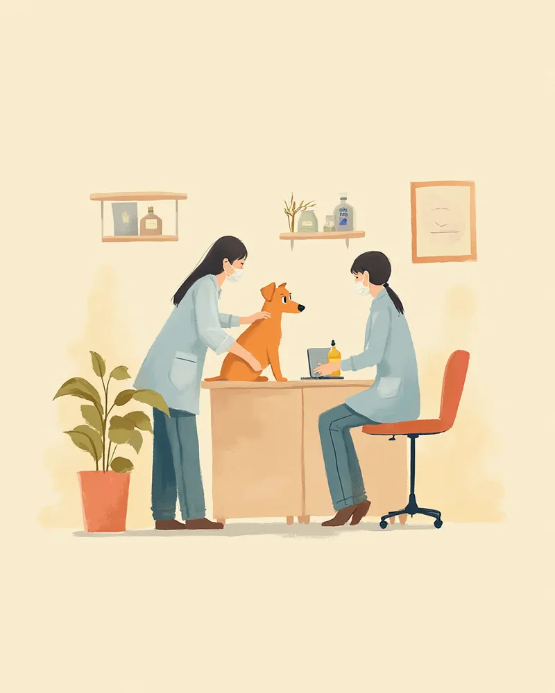 수의사가 강아지를 진료하는 옆에 어유 병이 놓인 일러스트