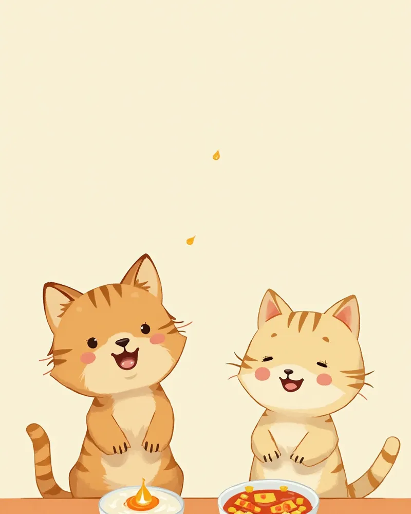 사료 위에 어유 한 방울이 떨어진 식기 앞의 강아지와 고양이