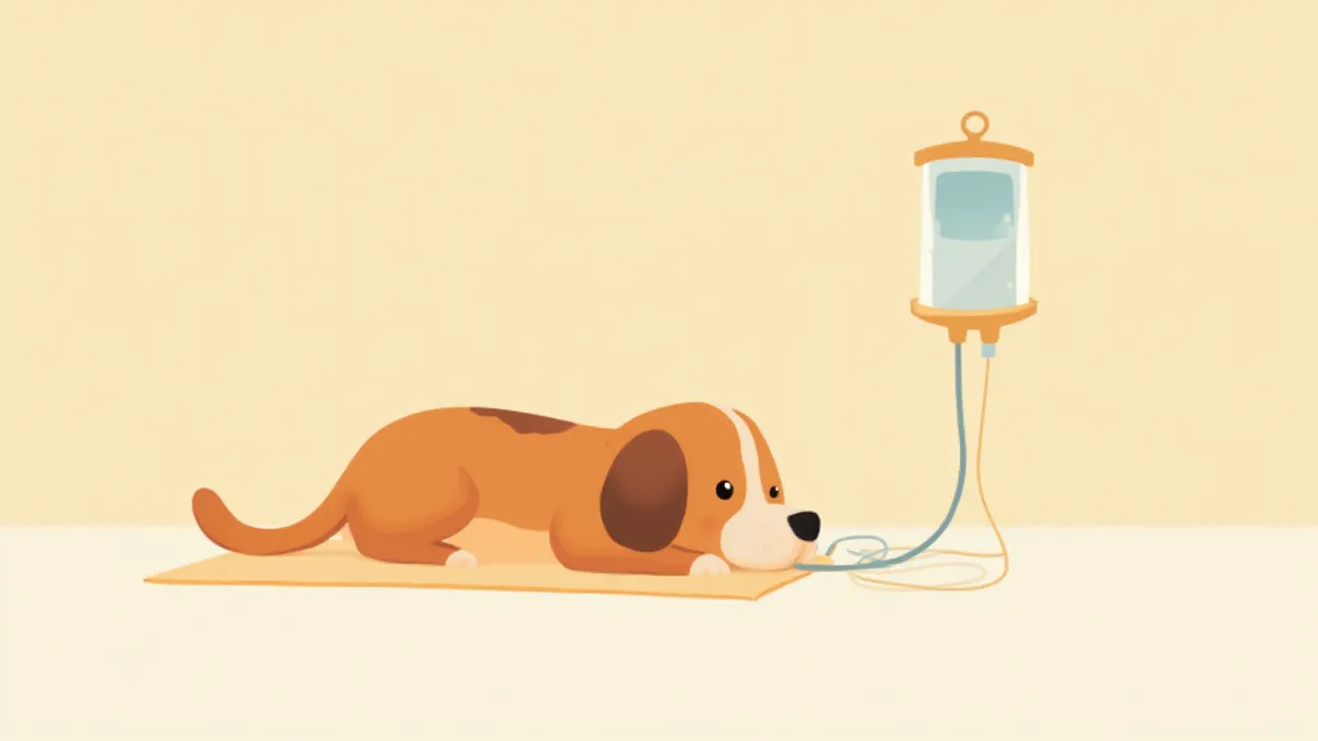 수액 라인을 점검하는 수의사와 강아지