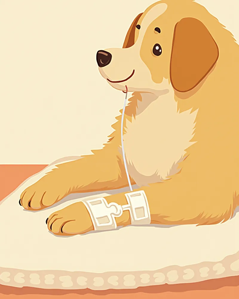 수액 카테터가 삽입된 강아지의 앞발