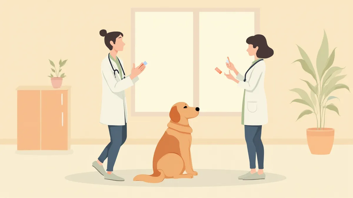 수의사가 보호자에게 강아지 행동 약에 대해 설명하는 모습