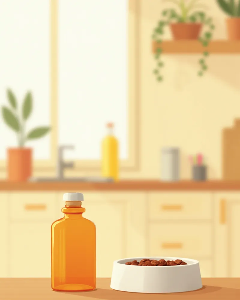 아침 식사 옆에 놓인 강아지 처방약 병