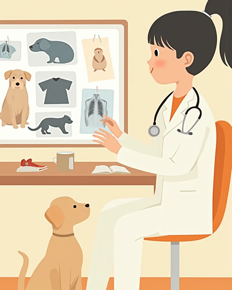 수의사가 추적검진 결과지와 X-ray를 확인하는 모습