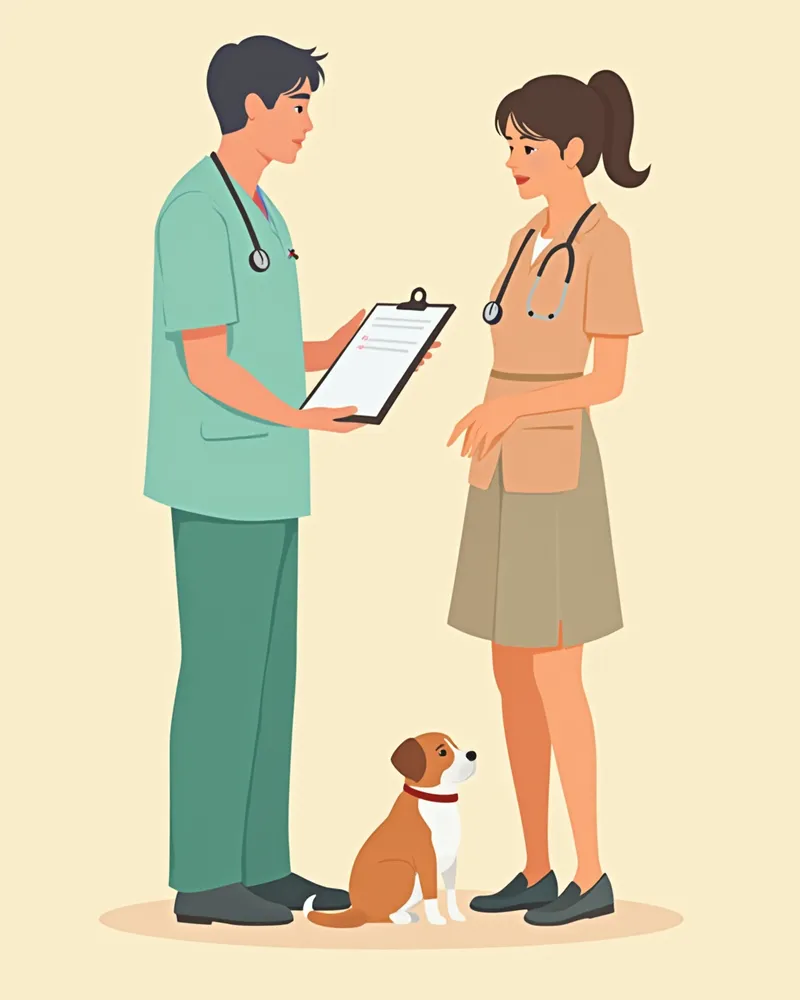 보호자와 상담 중인 수의사와 옆에 앉은 강아지 일러스트