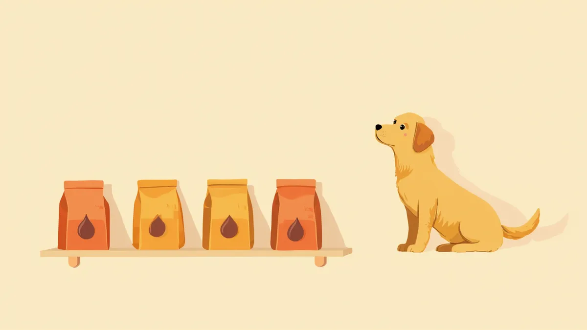 선반 위 네 종류의 프리미엄 강아지 사료와 옆에 앉은 골든리트리버