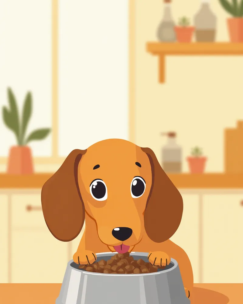 스테인리스 그릇에 담긴 프리미엄 사료를 먹는 닥스훈트