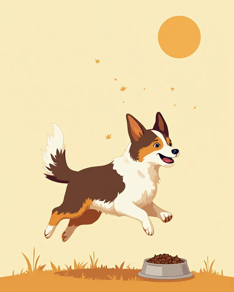 잔디밭에서 뛰는 보더콜리와 앞쪽의 사료 그릇