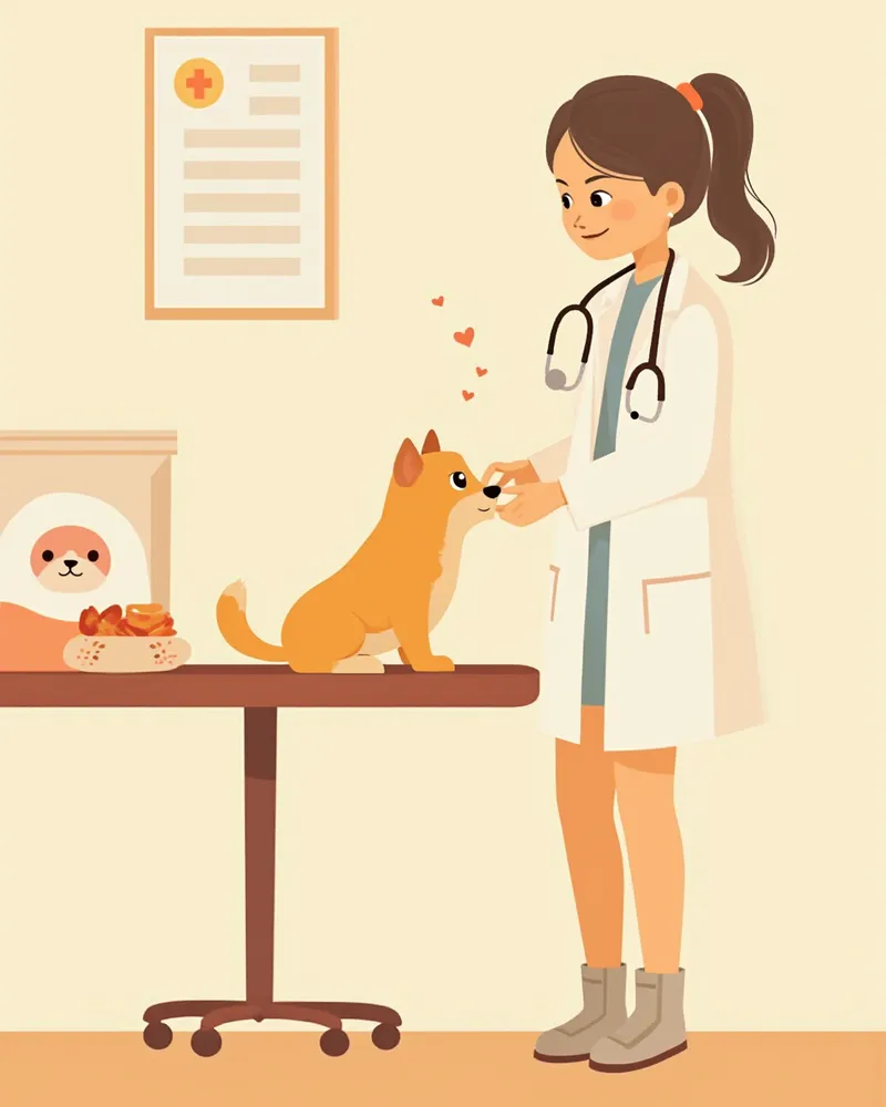 진료 테이블에서 강아지를 살피는 수의사와 뒤쪽의 사료 포대