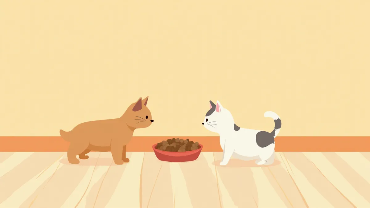 두 그릇의 사료를 바라보는 강아지와 고양이