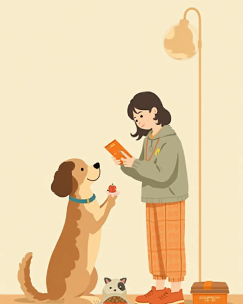 사료 포장지의 영양 적합성 문구와 생애 단계 표시를 확인하는 모습