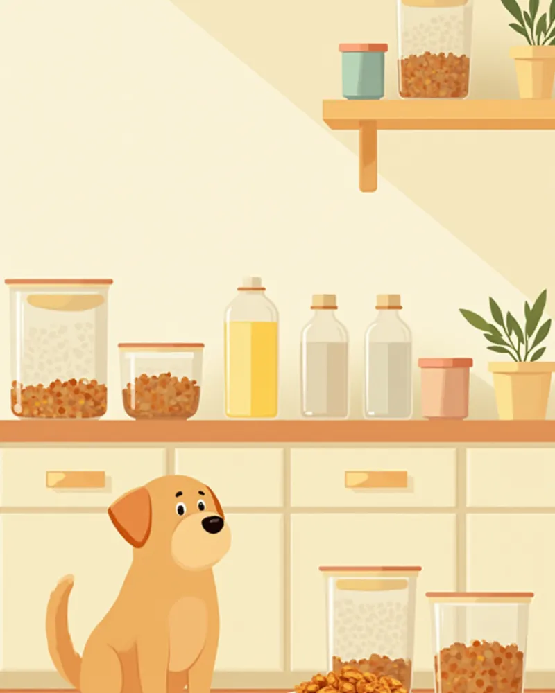 깔끔하게 정리된 사료 보관함과 식기