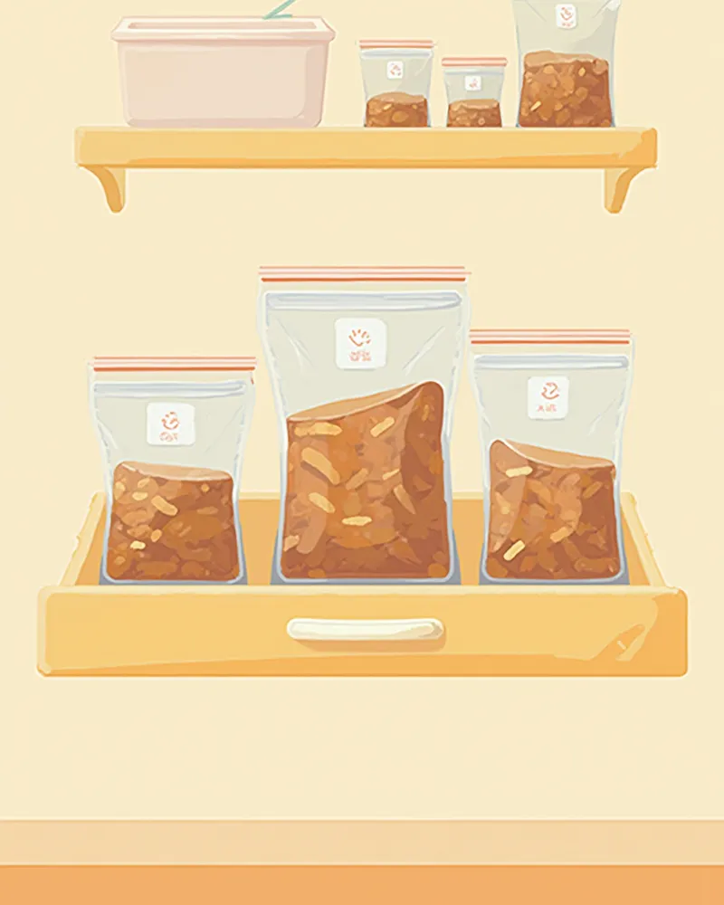 소분된 습식사료가 라벨과 함께 정리된 냉동실