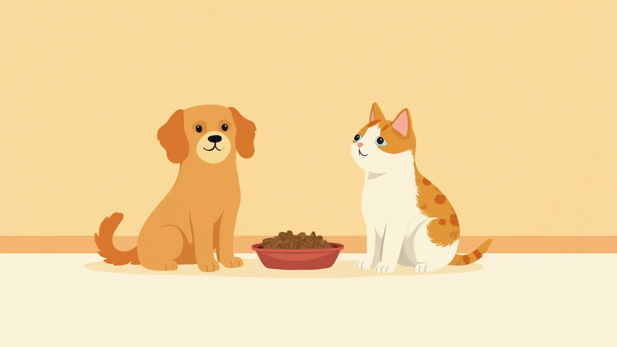 새 사료와 기존 사료를 나란히 둔 강아지와 고양이