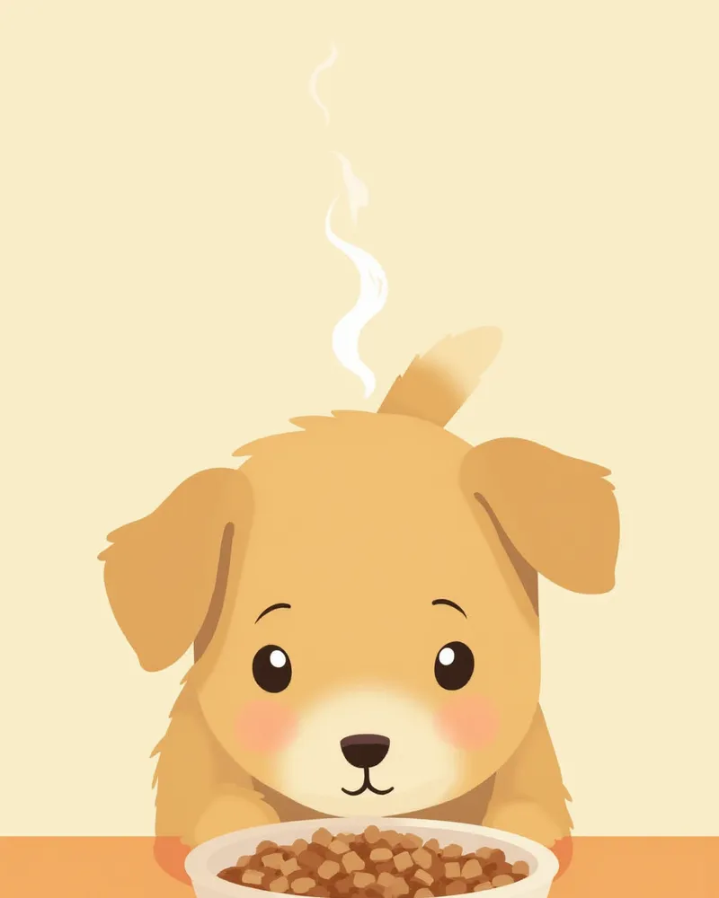 따뜻한 물을 살짝 부은 사료를 냄새 맡는 강아지