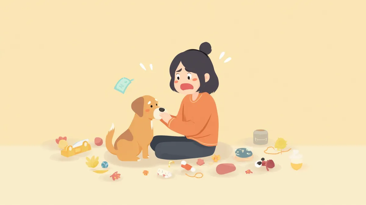 집안에서 이물질이 놓인 바닥 옆에 강아지를 안고 있는 보호자